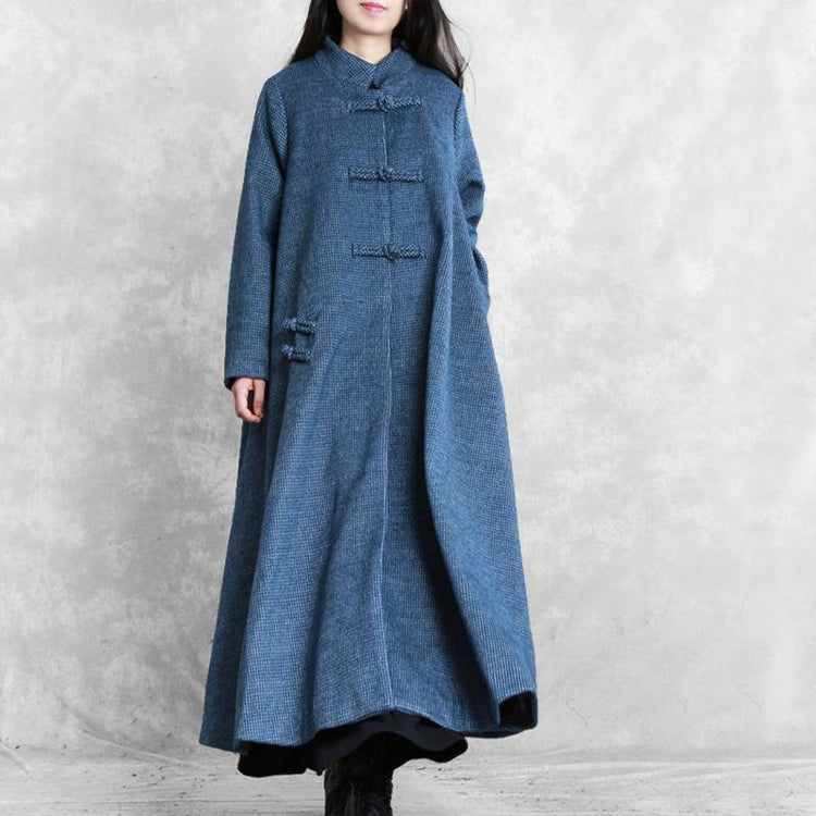 vintage blue Woolen Coats plus size Jackets & coat stand collar asymmetric - Omychic