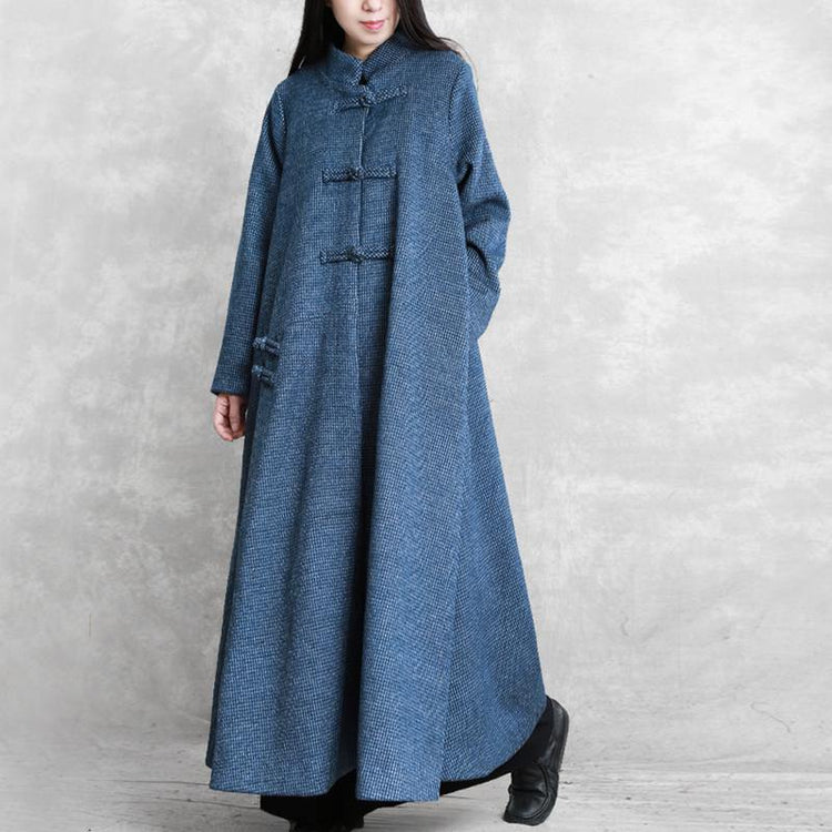 vintage blue Woolen Coats plus size Jackets & coat stand collar asymmetric - Omychic