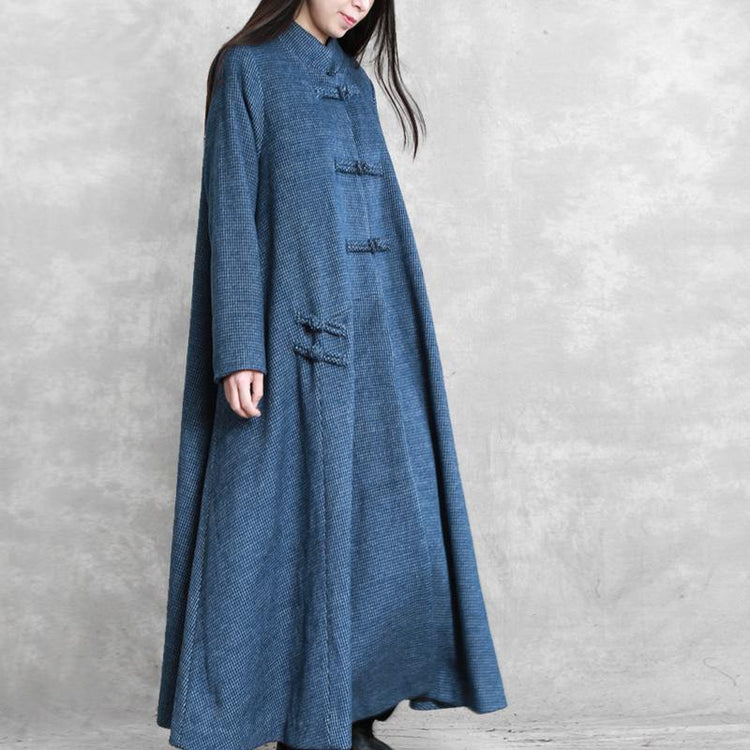 vintage blue Woolen Coats plus size Jackets & coat stand collar asymmetric - Omychic