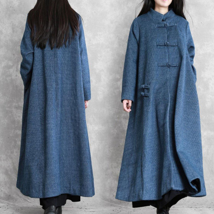 vintage blue Woolen Coats plus size Jackets & coat stand collar asymmetric - Omychic