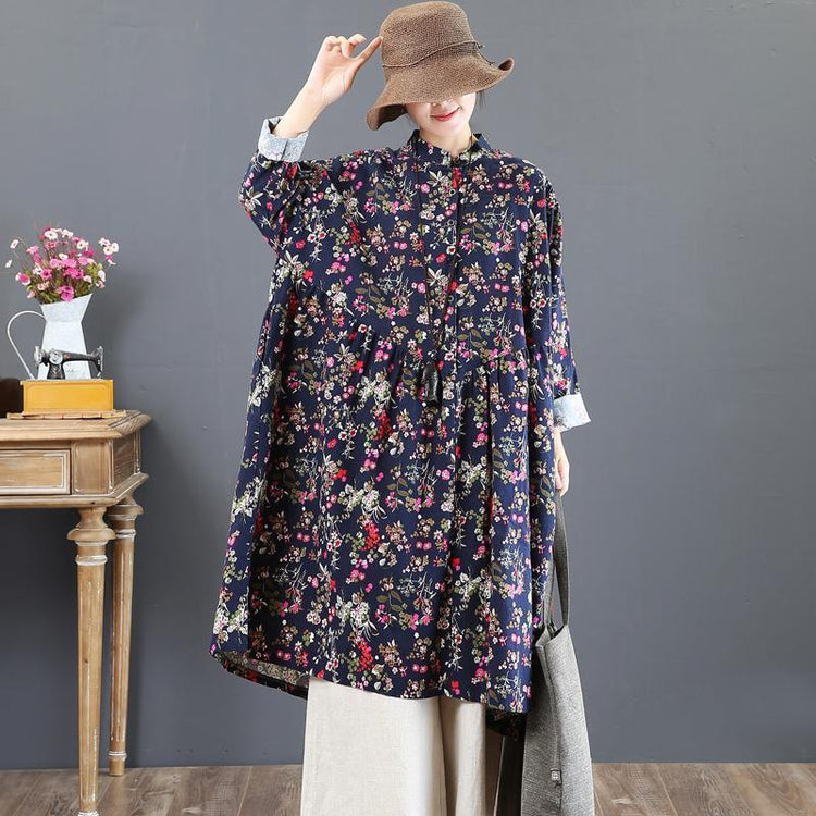 vintage blue cotton dresses oversize prints traveling dress New stand collar maxi dresses - Omychic