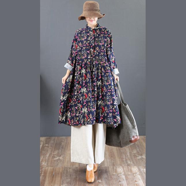 vintage blue cotton dresses oversize prints traveling dress New stand collar maxi dresses - Omychic