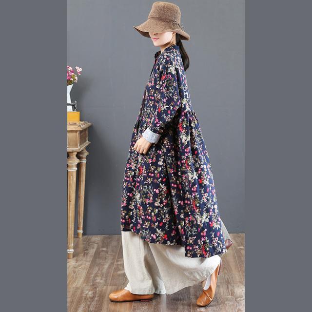 vintage blue cotton dresses oversize prints traveling dress New stand collar maxi dresses - Omychic