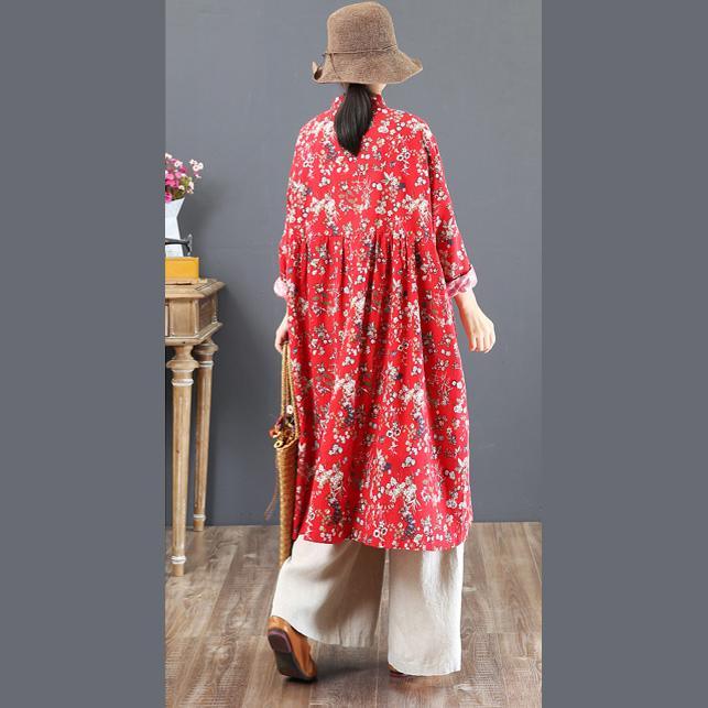 vintage blue cotton dresses oversize prints traveling dress New stand collar maxi dresses - Omychic