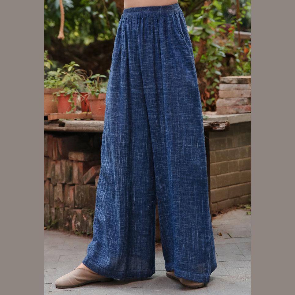 Vintage Blue Elastic Waist Wide Leg Pants Cotton Linen Women Long Pants - Omychic