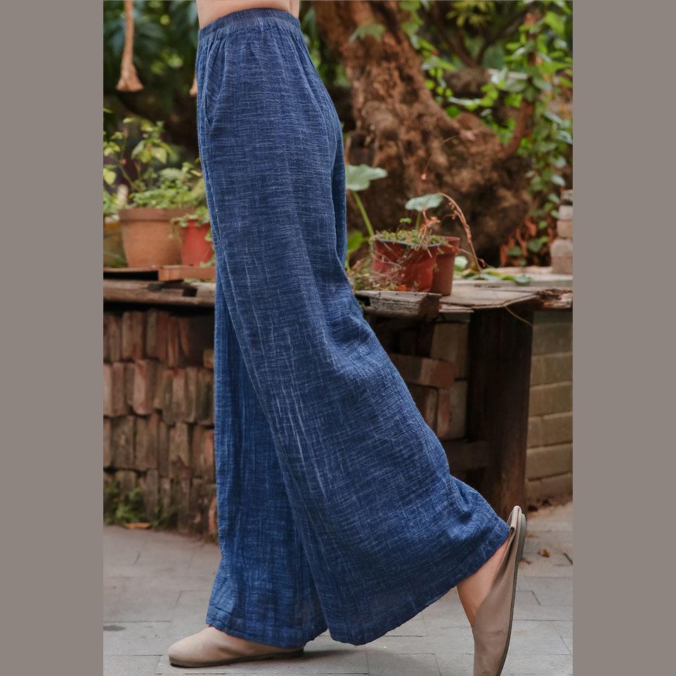 Vintage Blue Elastic Waist Wide Leg Pants Cotton Linen Women Long Pants - Omychic
