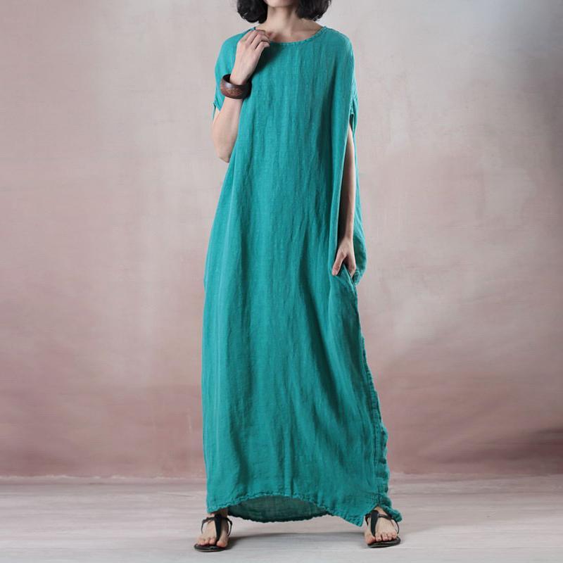 vintage blue linen dress oversized o neck baggy dresses linen maxi dress women Sleeveless pockets maxi dresses - Omychic