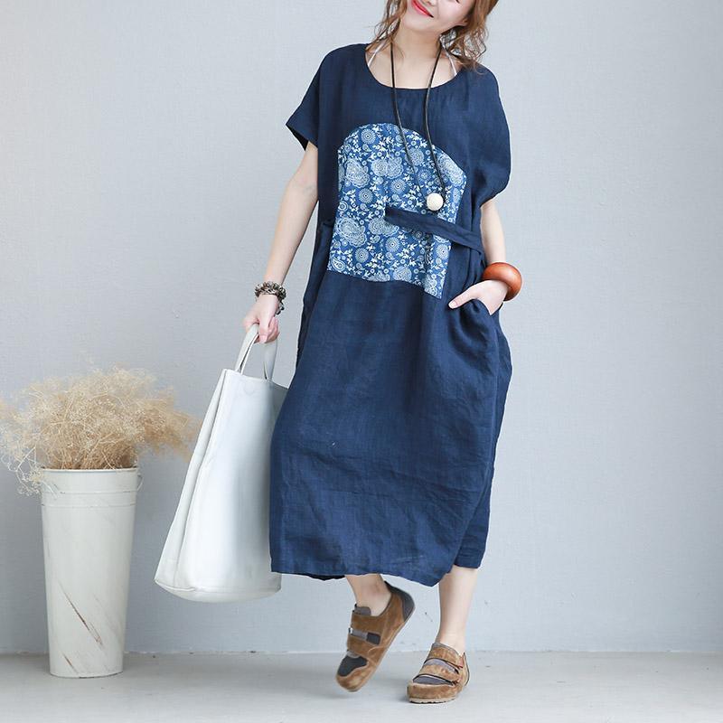 vintage blue long linen dresses Loose fitting O neck traveling clothing casual short sleeve print maxi dresses - Omychic
