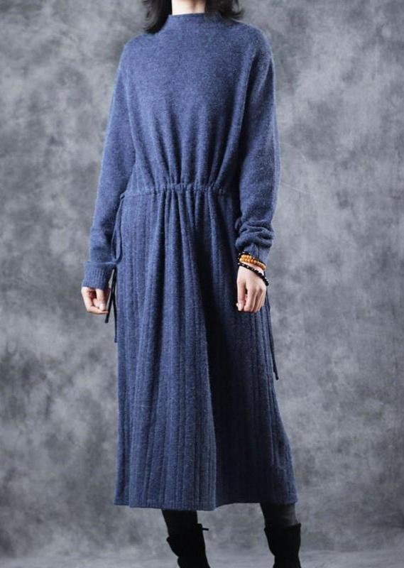 vintage blue sweater dresses fall fashion Turtleneck top quality tie waist long knit sweaters - Omychic