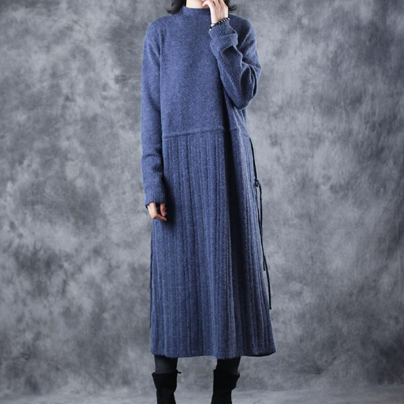 vintage blue sweater dresses fall fashion Turtleneck top quality tie waist long knit sweaters - Omychic