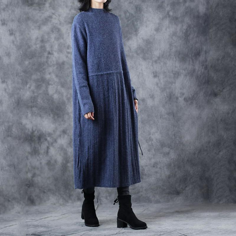vintage blue sweater dresses fall fashion Turtleneck top quality tie waist long knit sweaters - Omychic