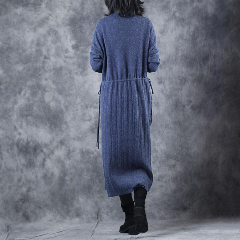 vintage blue sweater dresses fall fashion Turtleneck top quality tie waist long knit sweaters - Omychic