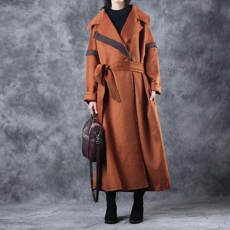 vintage brown Coats casual Notched tie waist maxi coat top quality patchwork Wool Coat - Omychic