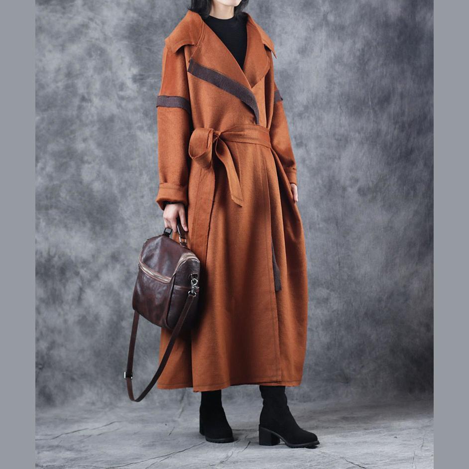 vintage brown Coats casual Notched tie waist maxi coat top quality patchwork Wool Coat - Omychic