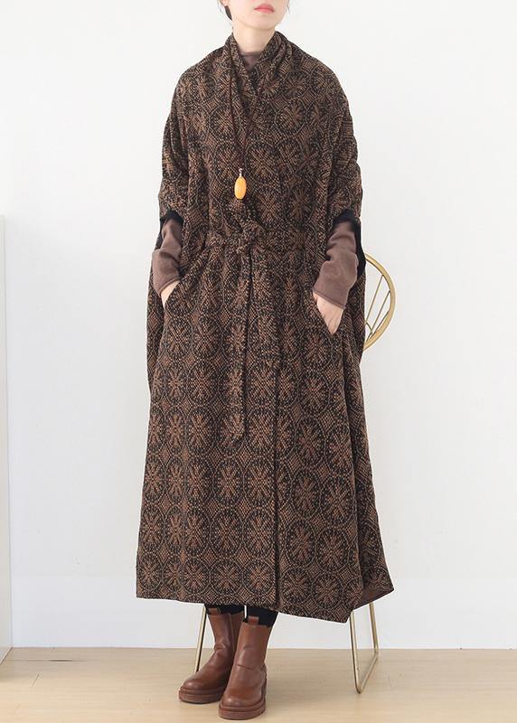 vintage brown wool coat plus size v neck trench coat cloak woolen outwear - Omychic