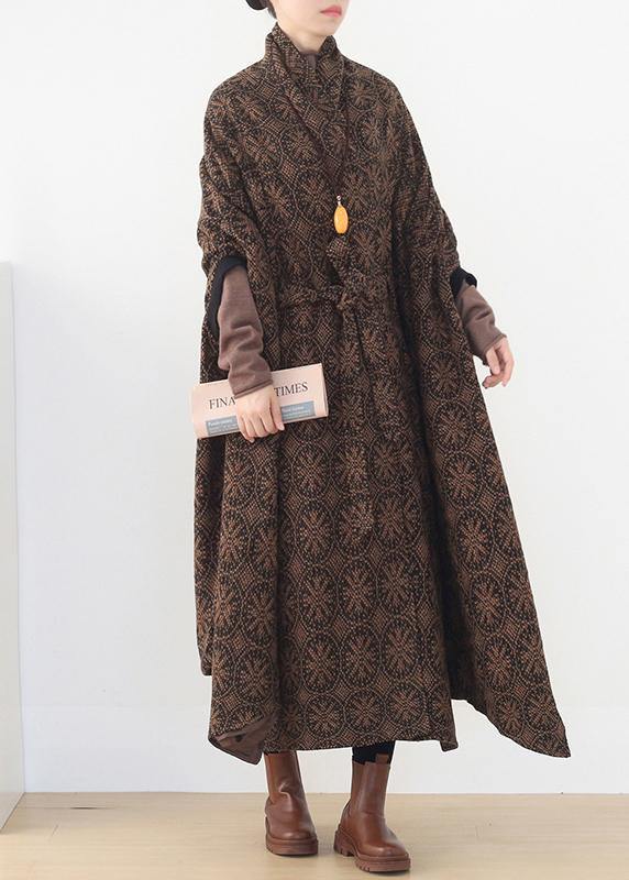 vintage brown wool coat plus size v neck trench coat cloak woolen outwear - Omychic