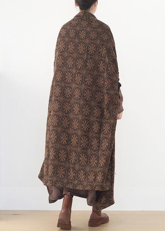 vintage brown wool coat plus size v neck trench coat cloak woolen outwear - Omychic