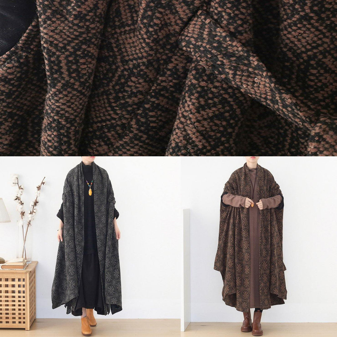 vintage brown wool coat plus size v neck trench coat cloak woolen outwear - Omychic