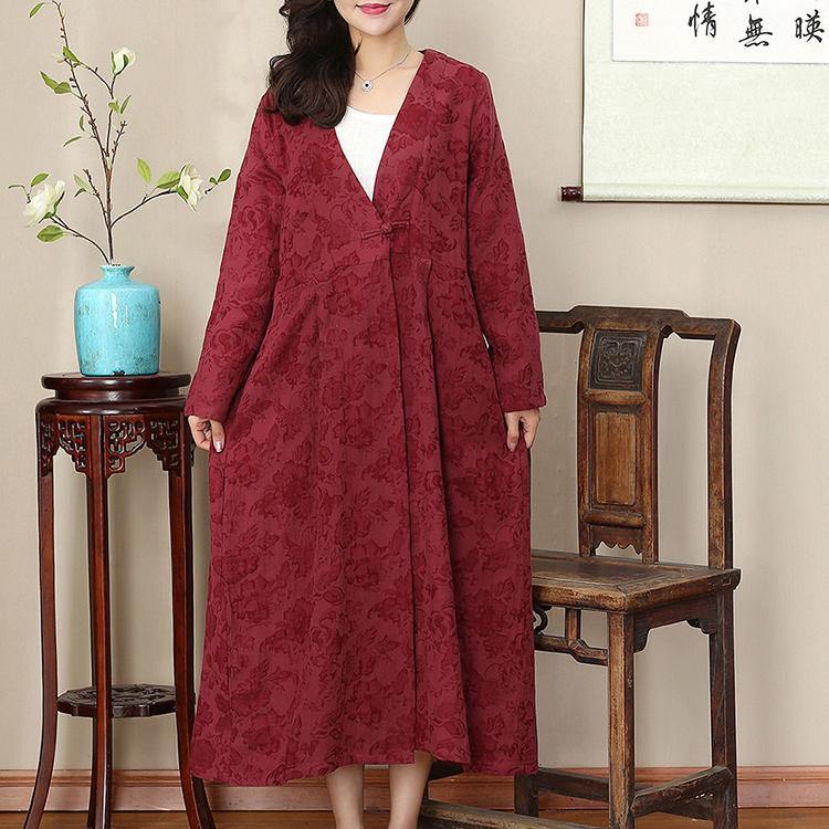 vintage burgundy long oversized v neck cotton linen clothing dresses casual wrinkled large hem maxi dresses - Omychic