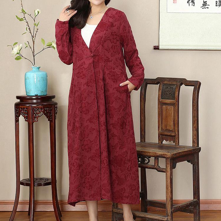 vintage burgundy long oversized v neck cotton linen clothing dresses casual wrinkled large hem maxi dresses - Omychic