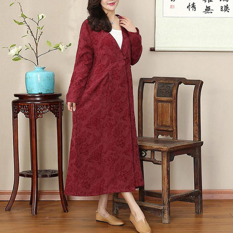 vintage burgundy long oversized v neck cotton linen clothing dresses casual wrinkled large hem maxi dresses - Omychic