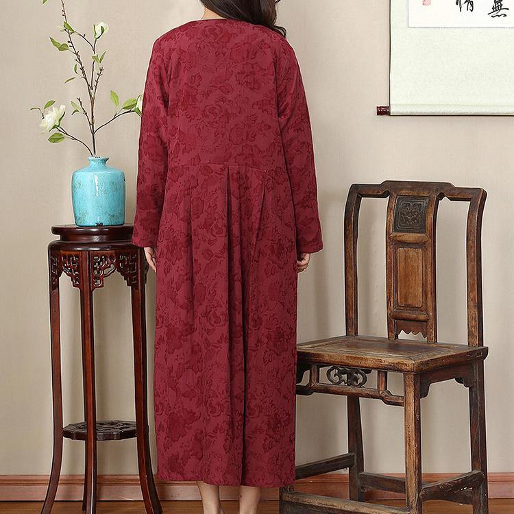 vintage burgundy long oversized v neck cotton linen clothing dresses casual wrinkled large hem maxi dresses - Omychic