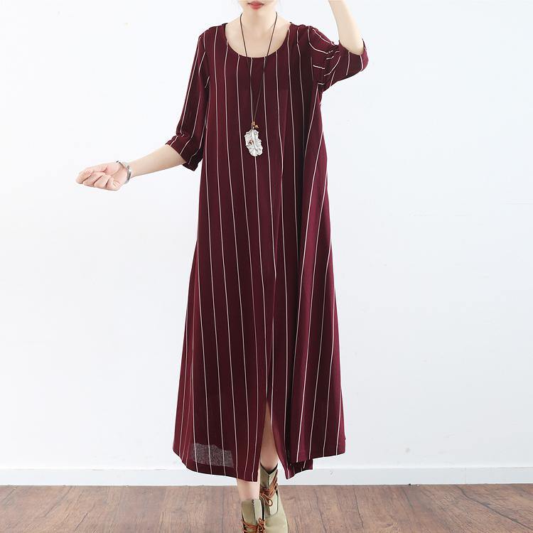 vintage burgundy striped natural linen dress  casual o neck gown vintage half sleeve maxi dresses - Omychic