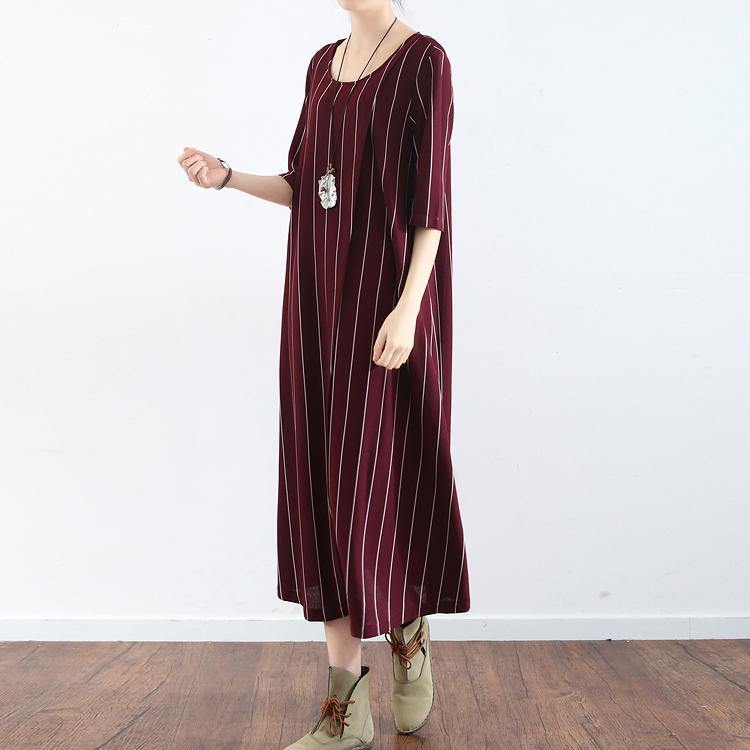 vintage burgundy striped natural linen dress  casual o neck gown vintage half sleeve maxi dresses - Omychic
