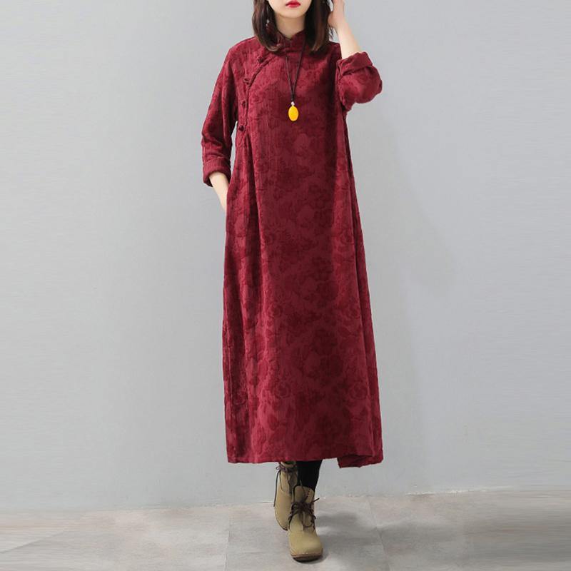 vintage burgundy trendy plus size stand collar print traveling dress women Chinese Button pockets gown - Omychic