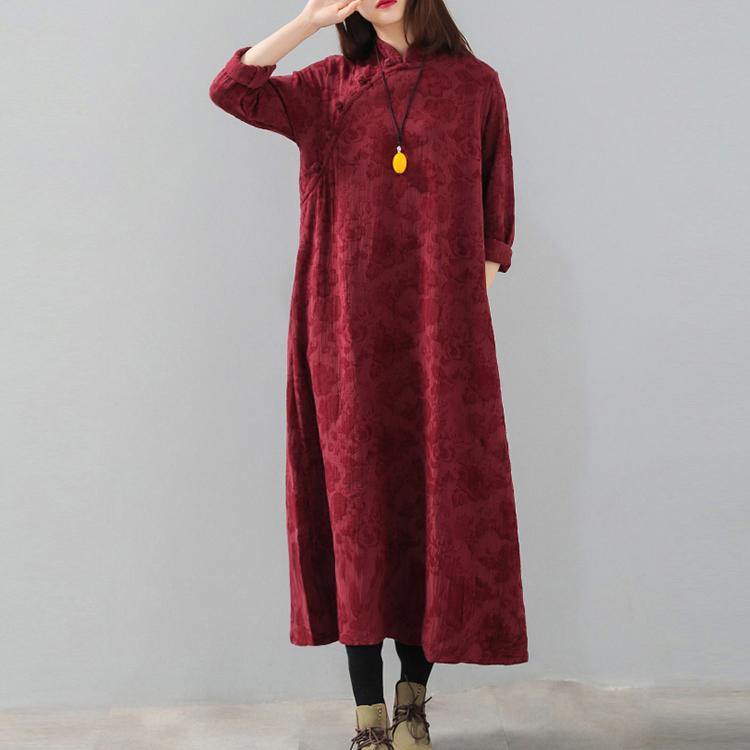 vintage burgundy trendy plus size stand collar print traveling dress women Chinese Button pockets gown - Omychic