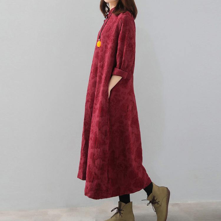 vintage burgundy trendy plus size stand collar print traveling dress women Chinese Button pockets gown - Omychic