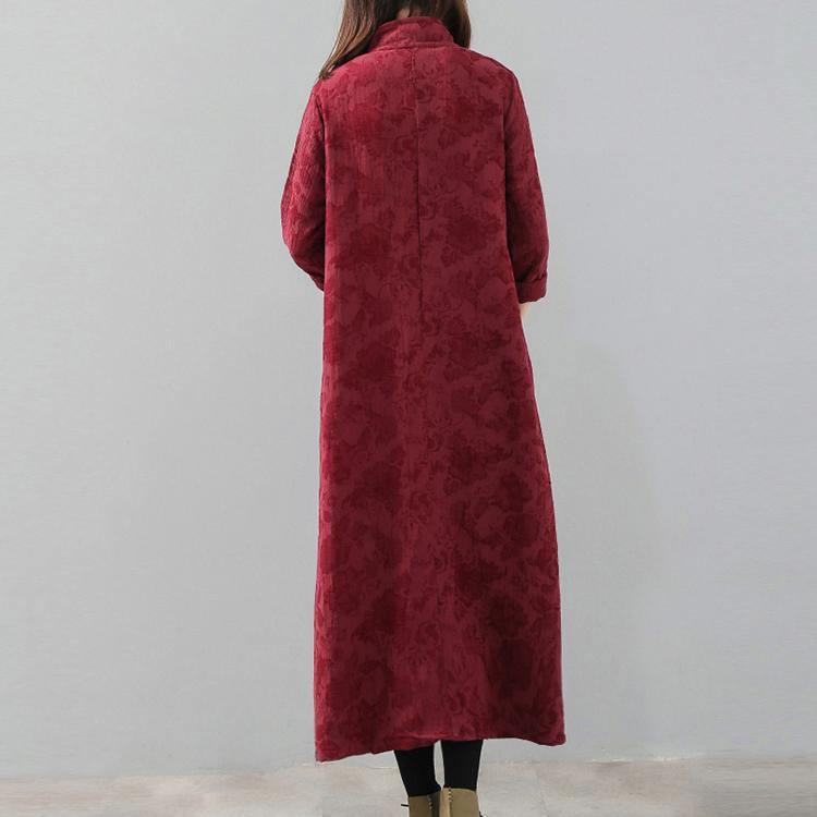 vintage burgundy trendy plus size stand collar print traveling dress women Chinese Button pockets gown - Omychic