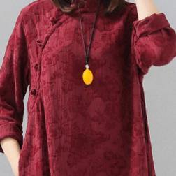 vintage burgundy trendy plus size stand collar print traveling dress women Chinese Button pockets gown - Omychic