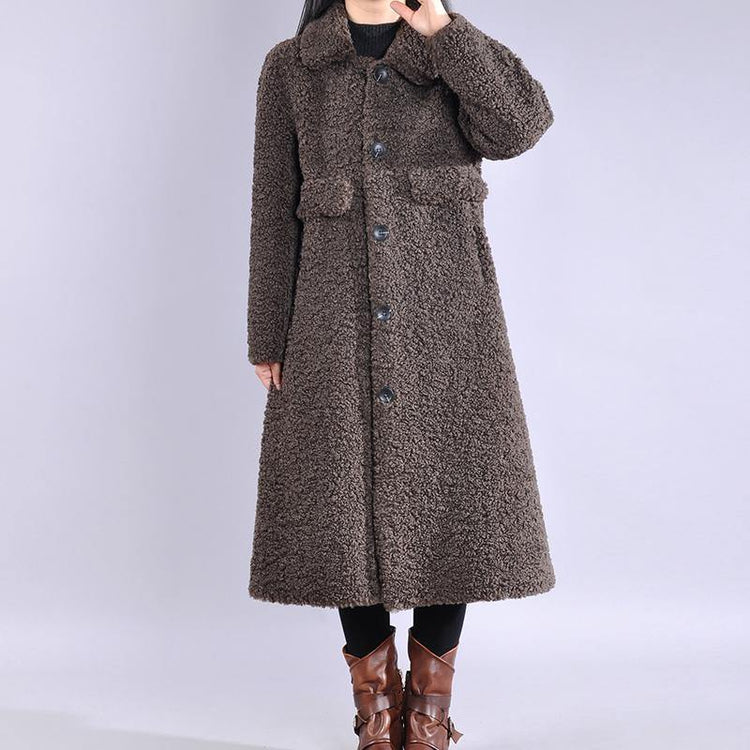 vintage chocolate Wool jackets trendy plus size lapel Button long coats - Omychic