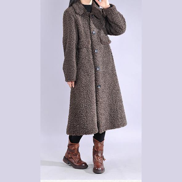 vintage chocolate Wool jackets trendy plus size lapel Button long coats - Omychic