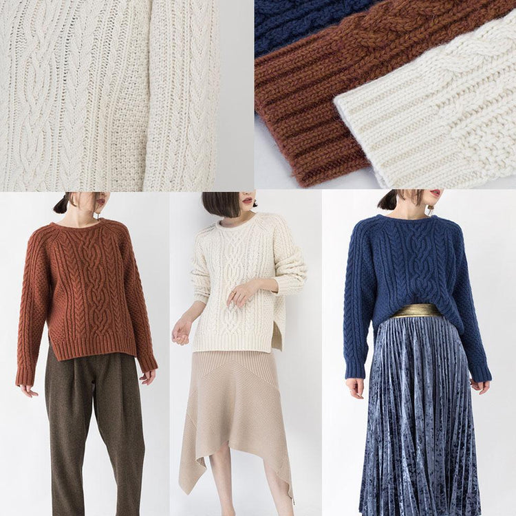 vintage chocolate chunky knit tops plus size O neck side open knit sweat tops Elegant cable knit blouse - Omychic