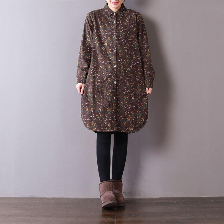 vintage chocolate floral shirt dress spring casual dress Turn-down Collar thick Button shirt dresses - Omychic