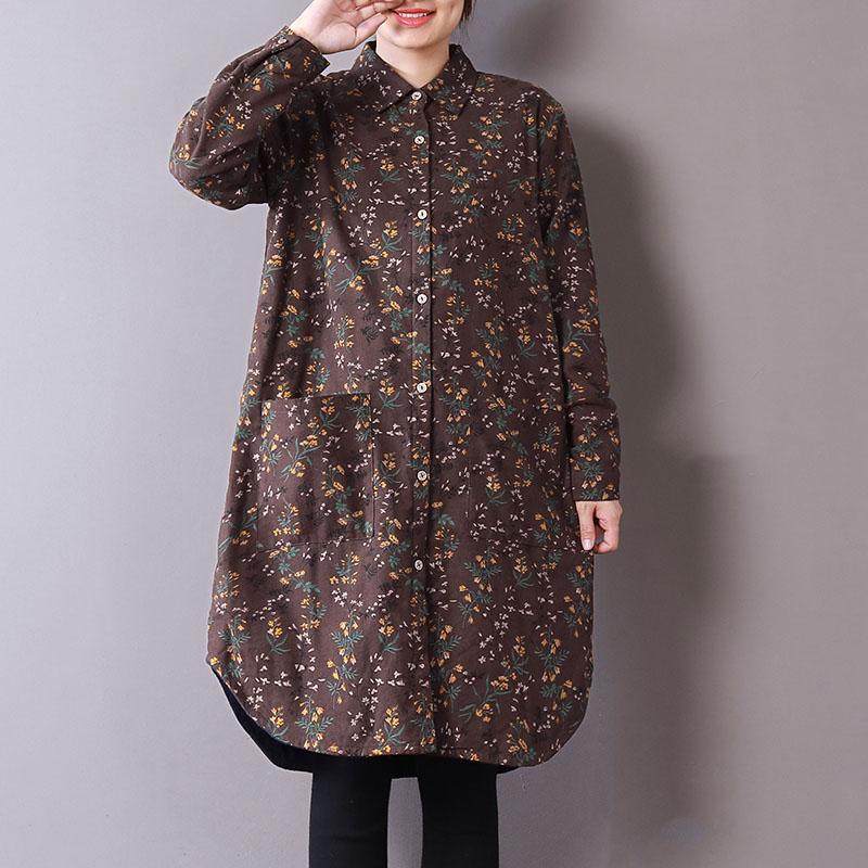 vintage chocolate floral shirt dress spring casual dress Turn-down Collar thick Button shirt dresses - Omychic