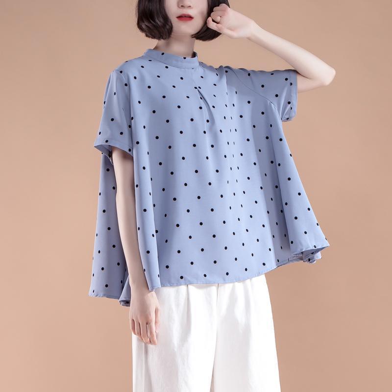 vintage cotton blended blouse plus size clothing Short Sleeve Summer Casual Dots Blue Tops - Omychic