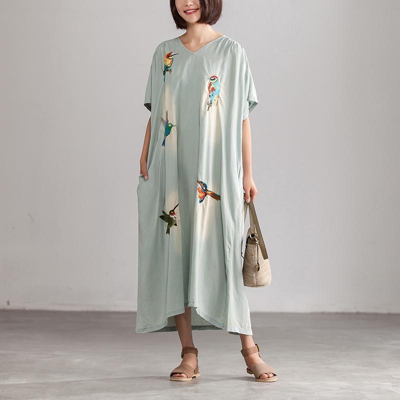 vintage cotton dress Loose fitting Summer Embroidery Casual Blue V neck Long Dress With Pockets - Omychic