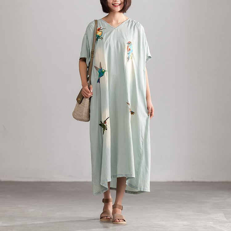 vintage cotton dress Loose fitting Summer Embroidery Casual Blue V neck Long Dress With Pockets - Omychic