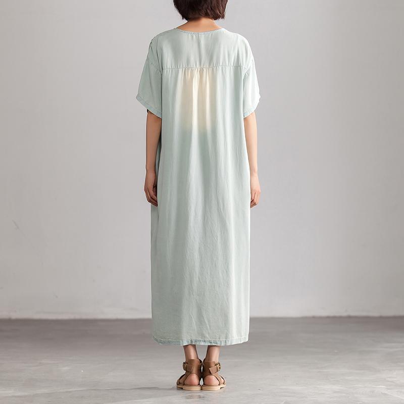 vintage cotton dress Loose fitting Summer Embroidery Casual Blue V neck Long Dress With Pockets - Omychic