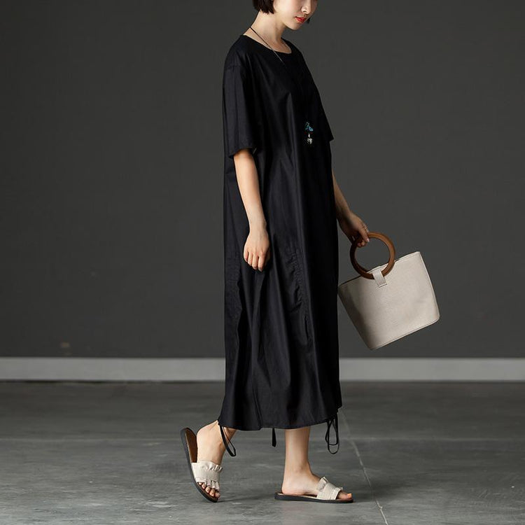 vintage cotton maxi dress plus size Pockets Summer Short Sleeve Black Loose Dress - Omychic