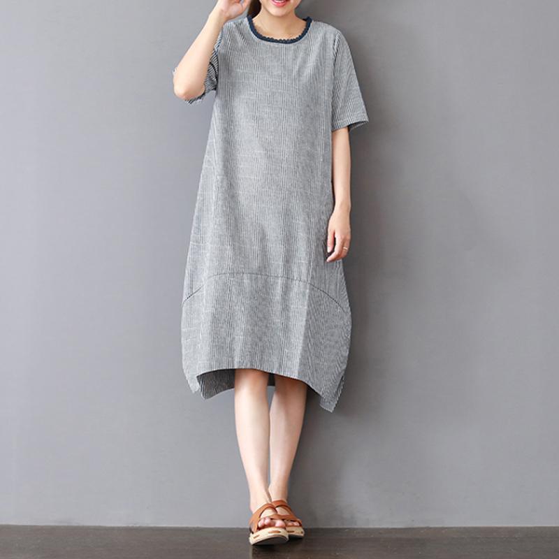 vintage cotton shift dresses plus size Round Neck Lace Loose Short Sleeve Stripe Cotton Dress - Omychic