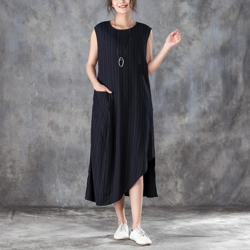 vintage cotton shift dresses trendy plus size Women Round Neck Sleeveless Jacquard Black Dress - Omychic