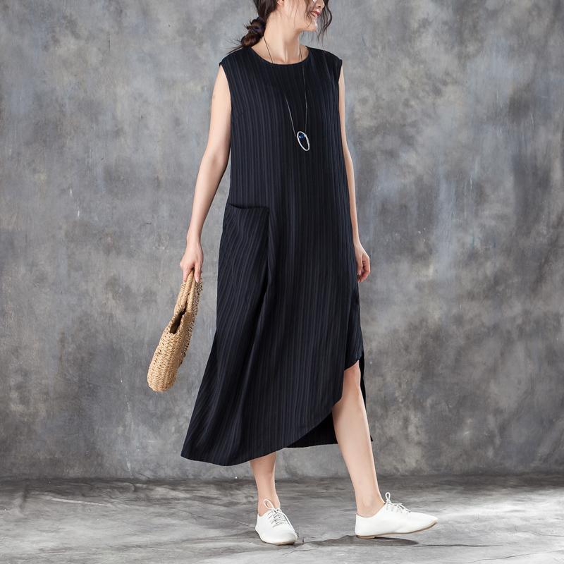 vintage cotton shift dresses trendy plus size Women Round Neck Sleeveless Jacquard Black Dress - Omychic