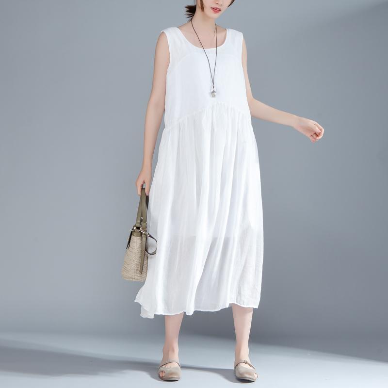 Vintage Cotton Sundress Trendy Plus Size Women Sleeveless Pleated Lacing Plain White Dress - Omychic