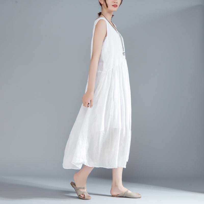 Vintage Cotton Sundress Trendy Plus Size Women Sleeveless Pleated Lacing Plain White Dress - Omychic