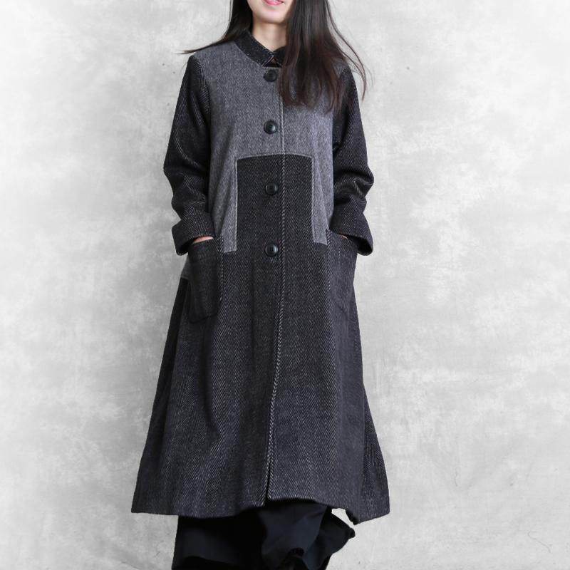 vintage dark gray woolen overcoat plus size long coat outwear stand collar patchwork - Omychic