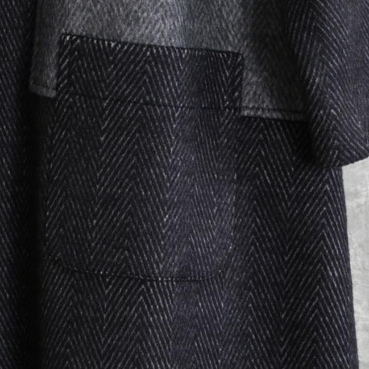 vintage dark gray woolen overcoat plus size long coat outwear stand collar patchwork - Omychic